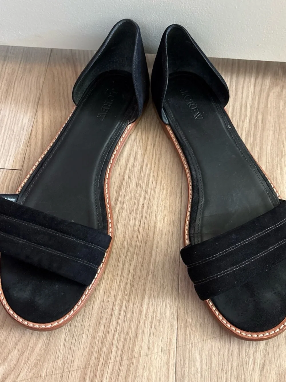 J. Crew Black Suede Open-Back Sandals with Brown Trim